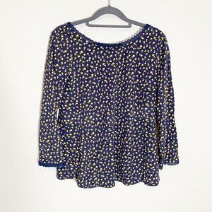 Boden dark blue long sleeve yellow small format floral lace trim scoop neck top‎